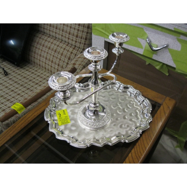 SILVER CANDELABRA & SERVING TRAY