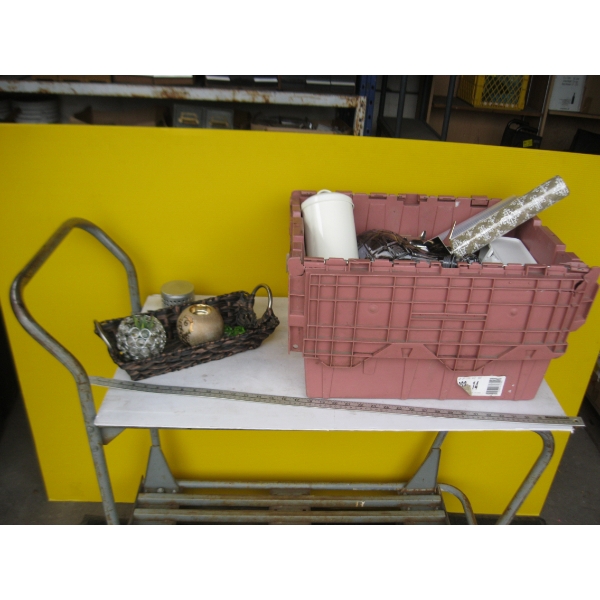 BIN OF MISC. CANDLE HOLDERS, TINS, BASKET, ETC.