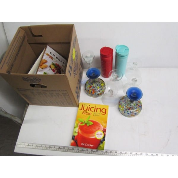 BOX OF MISC. COOKBOOKS, GLASSES, DAVID'S TEA TO GO CUPS, HOURGLASS, ETC.