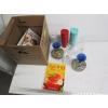 Image 1 : BOX OF MISC. COOKBOOKS, GLASSES, DAVID'S TEA TO GO CUPS, HOURGLASS, ETC.