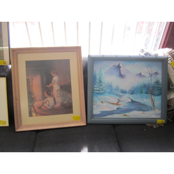 ORIGINAL PAINTING OF STREAM AND MOUNTAINS & PRINT OF CHILDREN WARMING BY FIRE