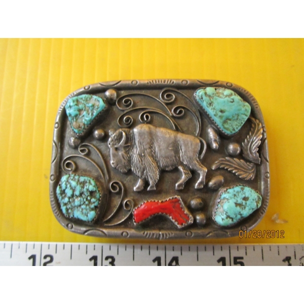 NAVAJO BUFFALO BELT BUCKLE W/BLUE & ORANGE STONES