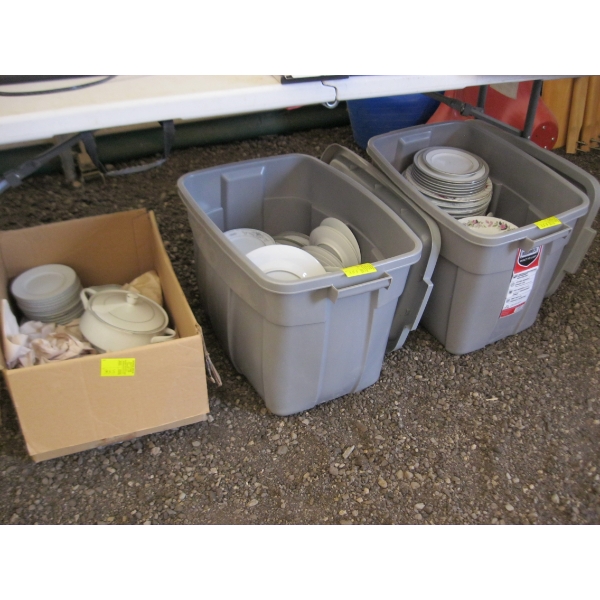 2 BINS & BOX OF ASST. DISHWARE