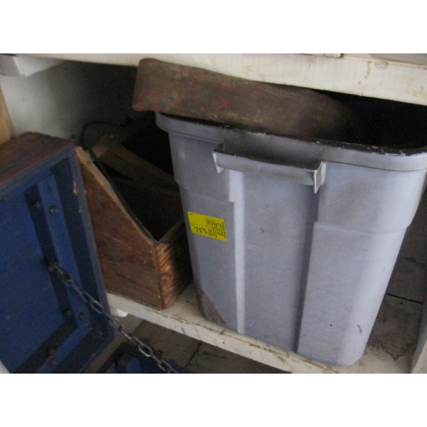 WOODEN TOTE & PLASTIC BIN W/MISC. CONTENTS
