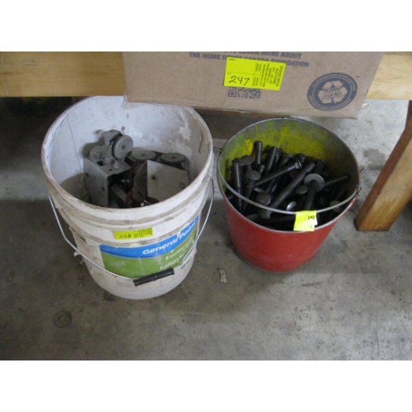2 PAILS OF MISC. GARAGE DOOR HARDWARE, LONG STOVE BOLTS, ETC.