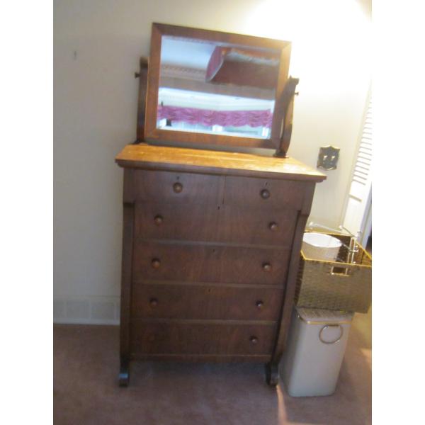 WALNUT 6 DRAWER ANTIQUE DRESSER W/BEVEL EDGE MIRROR