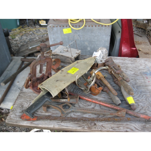 MISC. WRENCHES, SWEDE SAW, VISE, ETC.