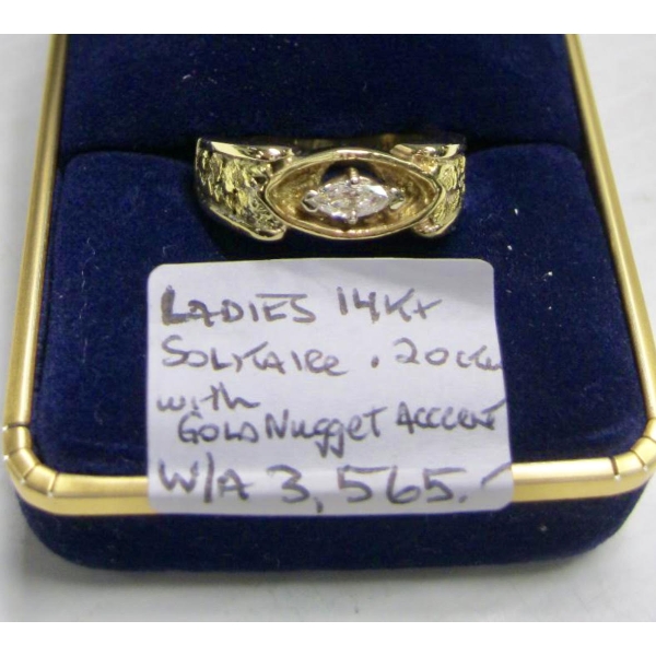 LADIES 14KT SOLITAIRE RING .20CTS W/GOLD NUGGET ACCENTS, SZ 7 3/4, W/A $3,565