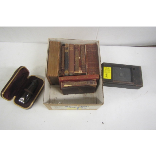 COLLECTABLE BOOKS, BELLOWS CAMERA & COLLECTABLE SUNBEAM SHAVE MASTER