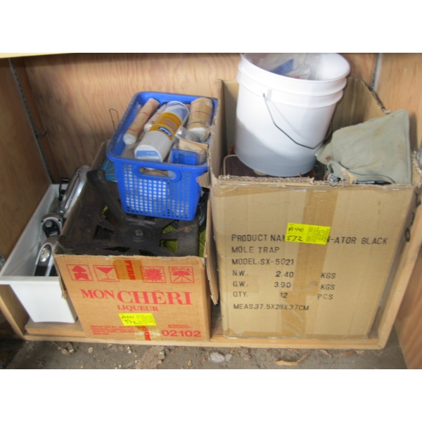 2 BOXES OF MISC. CRAMPONS, GLASSWARE, ROPE, ETC.