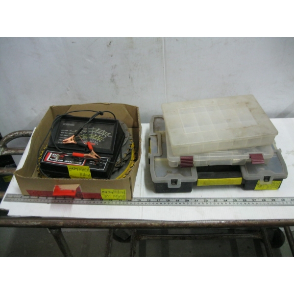 3 STORAGE CONTAINERS W/ASST. CONTENTS & A BOX W/TUNE UP ANALYZER & ASST. SAWBLADES
