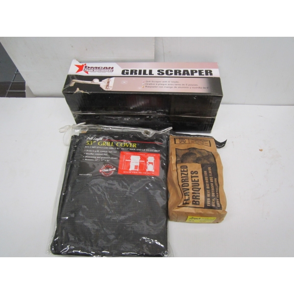 83" GRILL COVER, BRIQUETTES & A GRILL SCRAPER