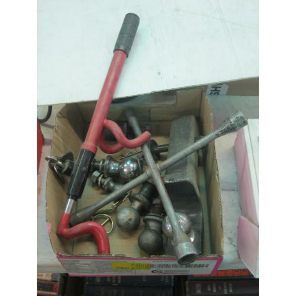 MISC. RECEIVER TRAILER HITCH, TRAILER BALLS, TIRE IRON, ETC.