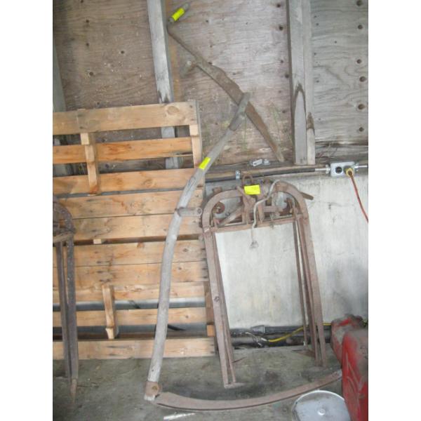 2 HAYLIFTERS, WOODEN HANDLE SCYTHE & HAYCUTTER