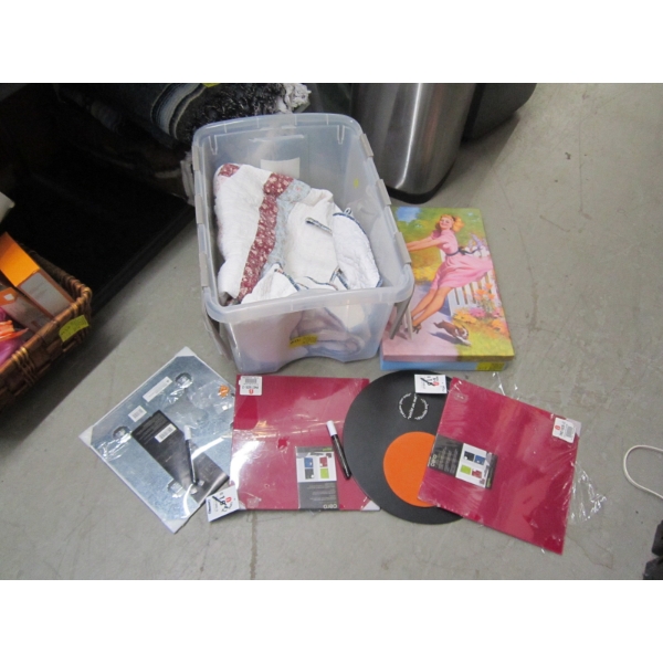 BIN W/4 MEMO BOARDS, A SET OF DECORATIVE BOXES, QUILT, ETC.