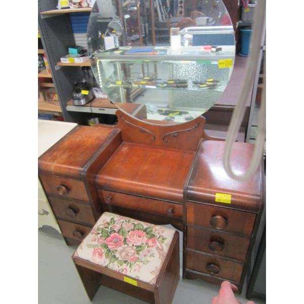WATERFALL 1940s DRESSER W/ROUND MIRROR & STOOL