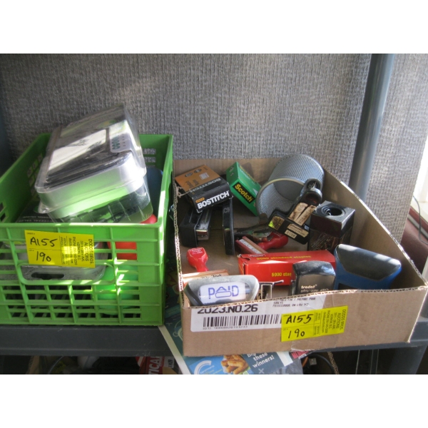 2 BOXES OF MISC. OFFICE ITEMS, 2 NEW ENERGIZER BATTERY CHARGERS, ETC.