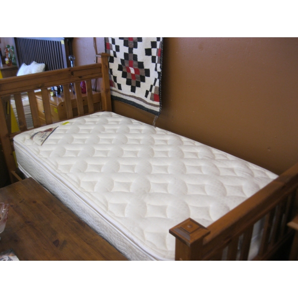 SINGLE WOODEN BEDFRAME W/KING COIL MATTRESS & BOXSPRING