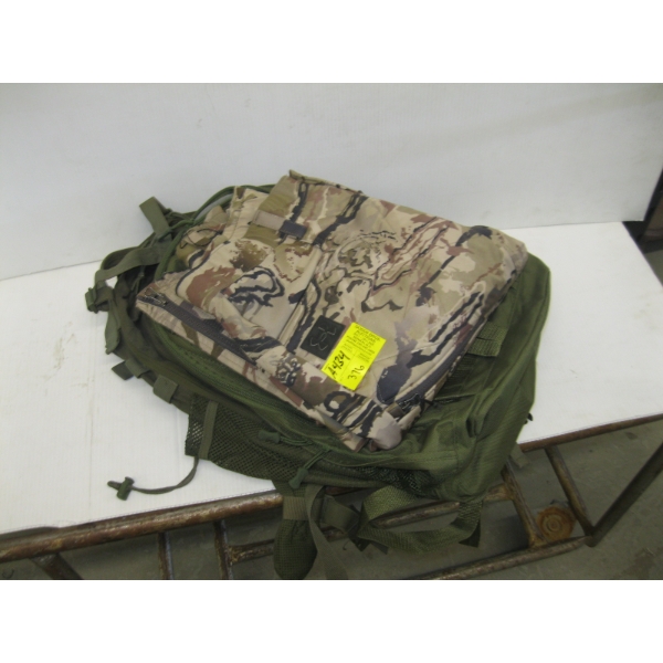 PAIR OF CAMMO INSULATED PANTS & 2 GREEN BACKPACKS