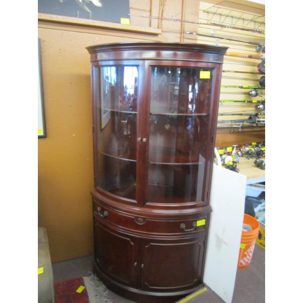 CURVED GLASS CORNER CABINET W/LOWER STORAGE