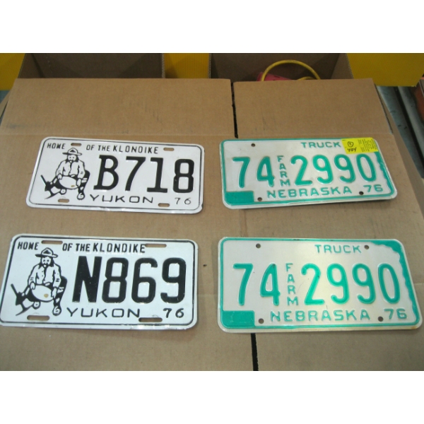 2 - 1976 NEBRASKA LICENCE PLATES & 2 - 1976 YUKON KLONDIKE LICENCE PLATES