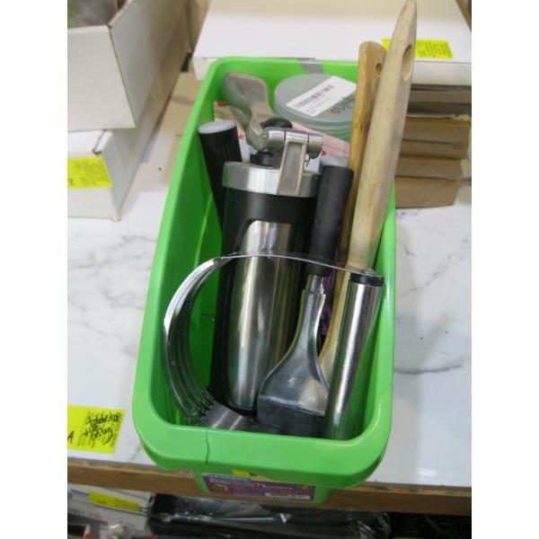 GREEN BIN W/ASST. ITEMS: COOKIE PRESS, CUTTER, ETC.