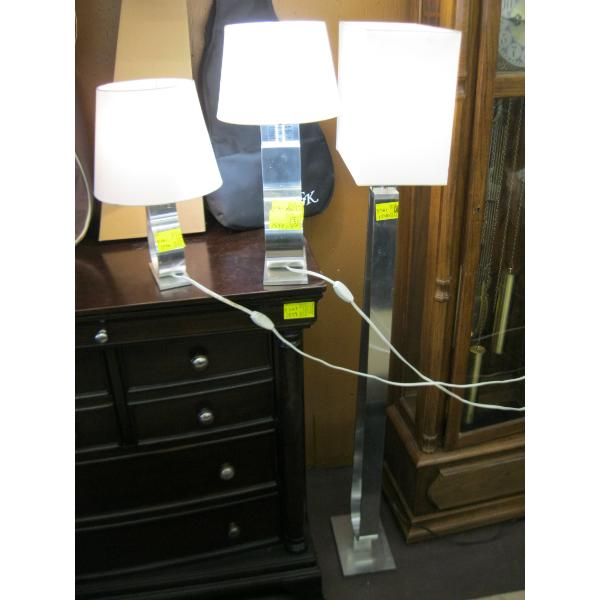 STAINLESS LOOK FLOOR LAMP & 2 TABLE LAMPS