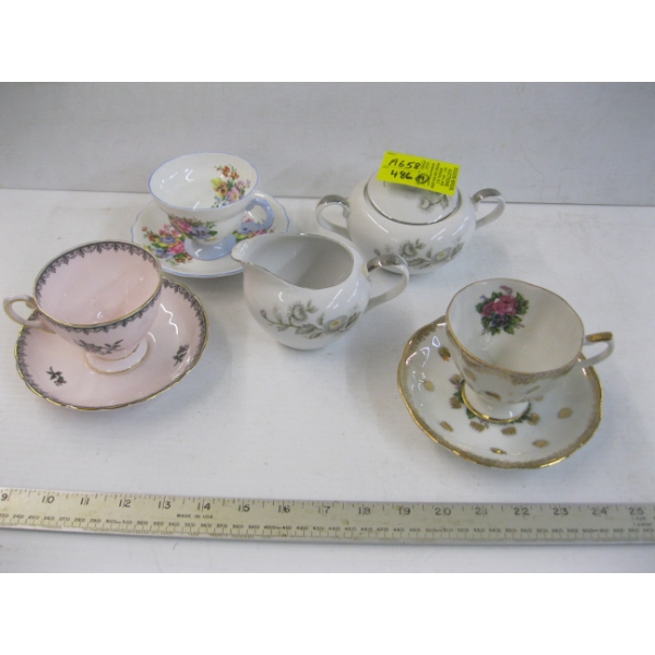 3 TEACUPS & SAUCERS & A CREAMER & SUGAR BOWL