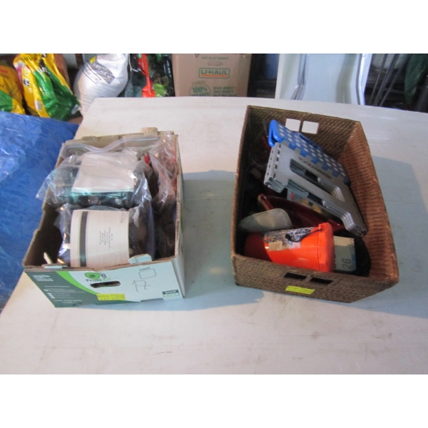 MISC. AUDIO EQUIPMENT, TAPE PLAYERS, SPEAKERS,BASKET OF MISC. BOAT SAFETY KIT