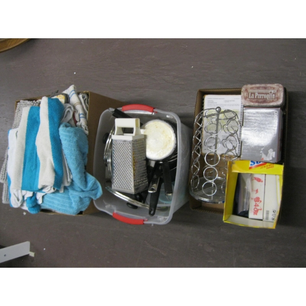 3 BOXES OF MISC. KITCHEN POTS/PANS, TOWELS, COFFEE POD HOLDER, ETC.