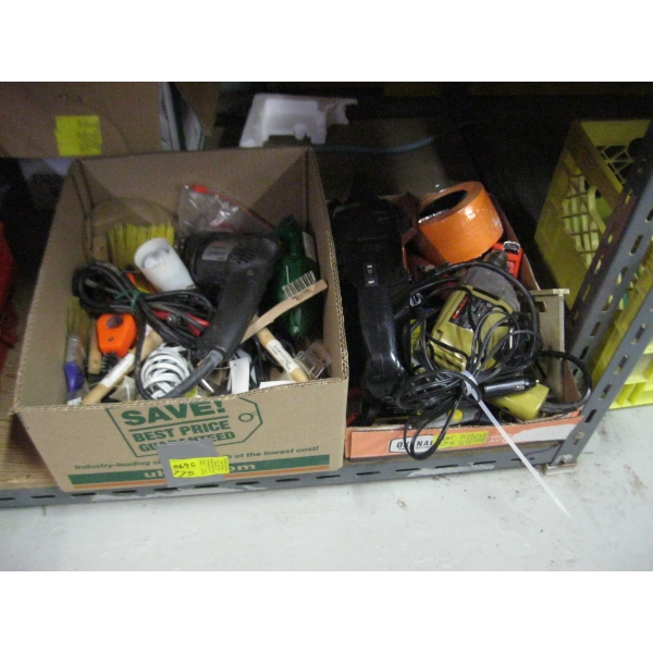 2 BOXES OF MISC. DRILLS, VACUUM, TAPE, ETC.