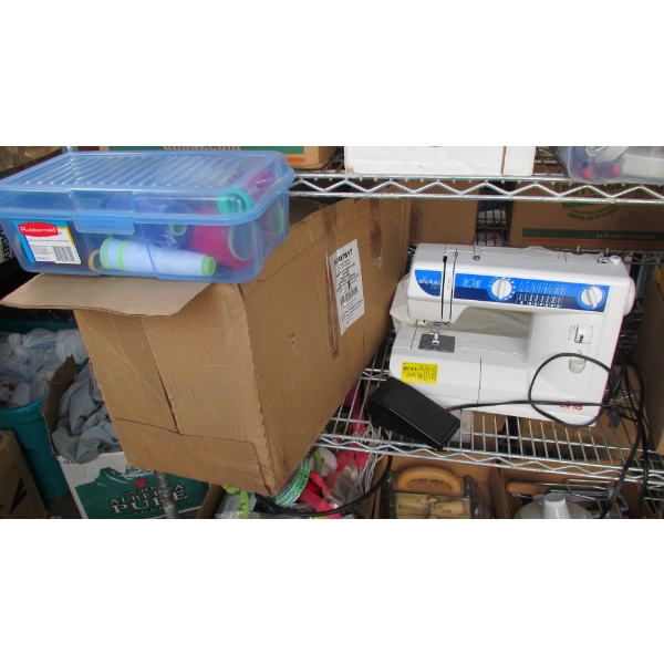 SWISS DESIGN ELNA PORTABLE SEWING MACHINE & BOX OF MATERIAL & ACCESS.