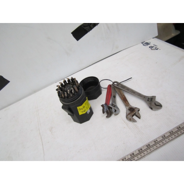 SET OF 4 CRESCENT WRENCHES & A DRILL BIT CONTAINER W/BITS