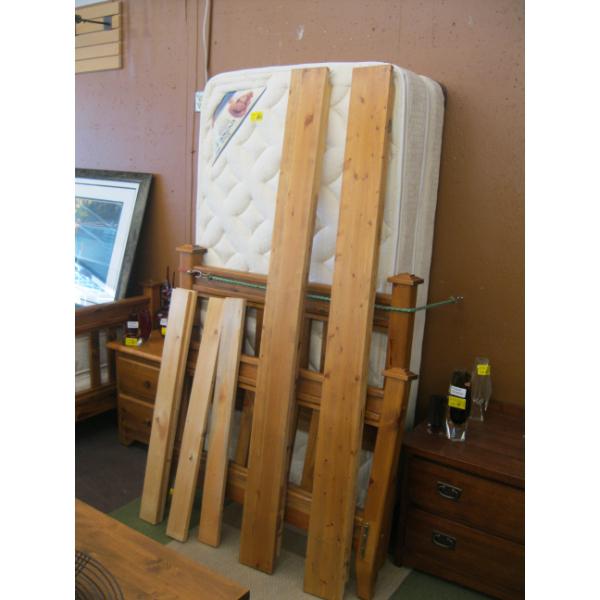 SINGLE WOODEN BEDFRAME W/KING COIL MATTRESS & BOXSPRING