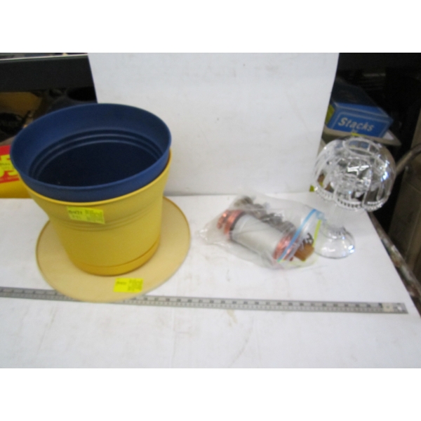 MISC. CANDLEHOLDER, PLASTIC POTS & A COOKIE MAKER