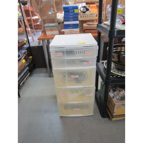 PLASTIC STORAGE UNIT W/ASST. CONTENTS - HAIR DRYER, BRUSHES, ETC.