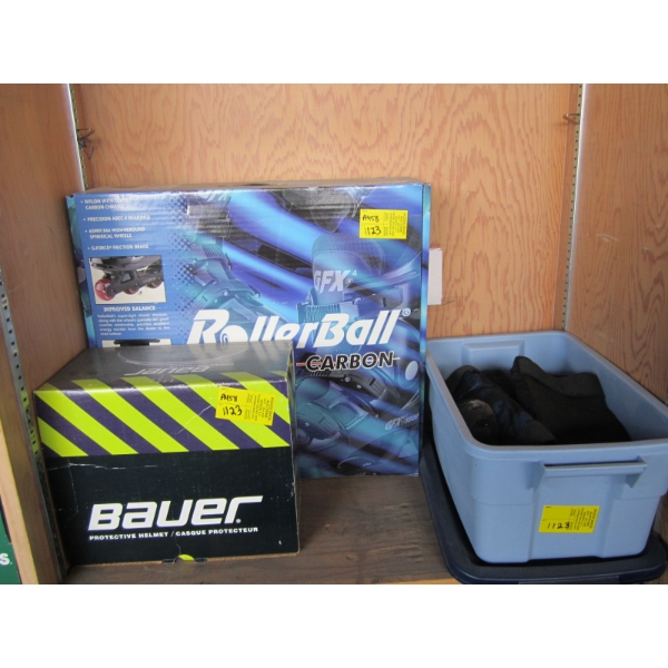 PAIR OF ROLLER BLADES IN BOX, HELMET, KNEEPADS & ELBOW PADS