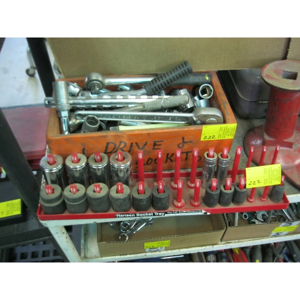 ASST. MOSTLY 1/2" DRIVE SOCKETS, RATCHETS, ETC.