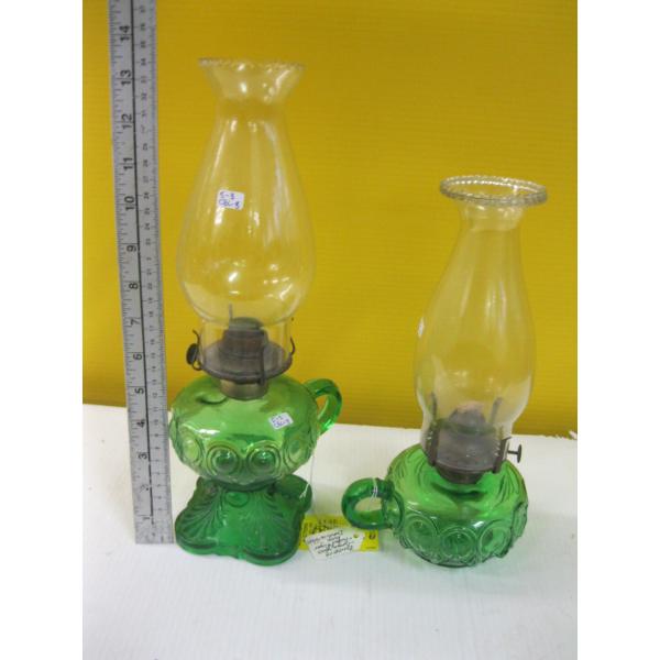 2 GREEN GLASS COAL OIL LAMPS
