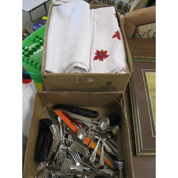 BOX OF ASST. TABLECLOTHS, CUTLERY, ETC.