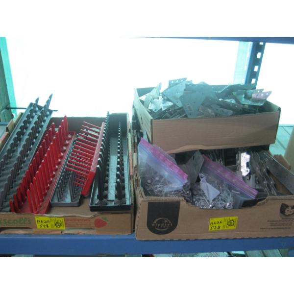 2 BOXES OF MISC. SOCKET HOLDERS, NAILS, JOIST BRACKETS, ETC.