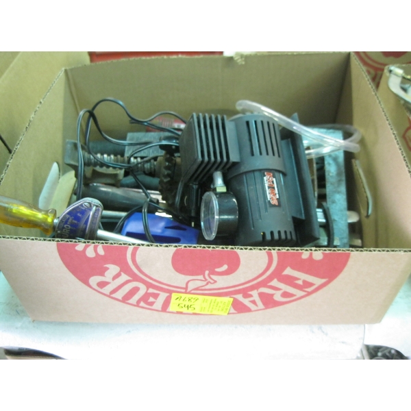 MISC. ANTIQUE JACK, MINI AIR COMPRESSOR, TORQUE WRENCH, ETC.