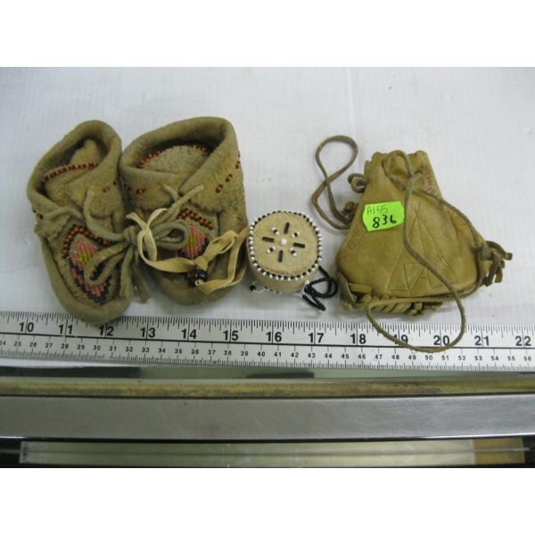 PAIR OF BABY BEADED MOCCASINS, LEATHER POUCH, ETC.