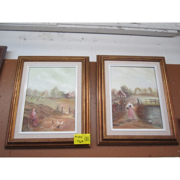 2 SM. PAINTINGS OF LADY ON FARM