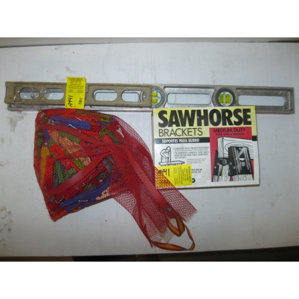 MISC. LEVELS, SAWHORSE BRACKETS, CLOTHESPINS, ETC.