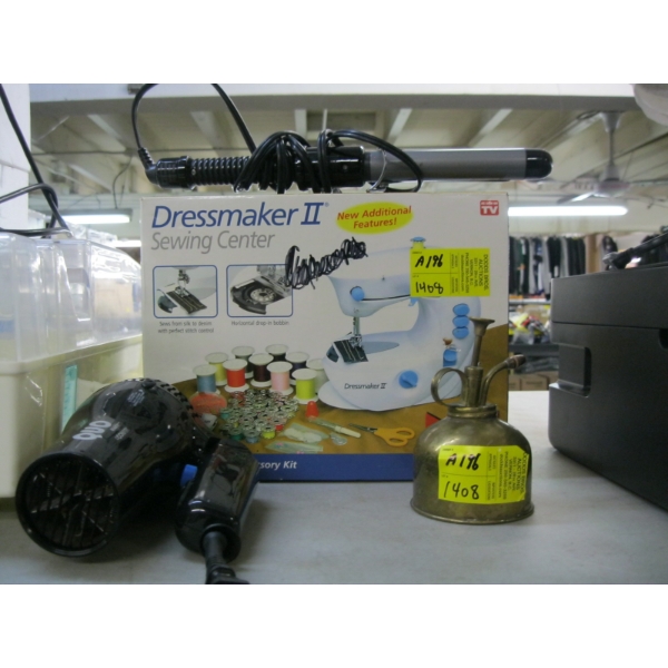 MINI DRESSMAKER SEWING CENTER, CURLING IRON, BLOW DRYER, BRASS SPRITZER
