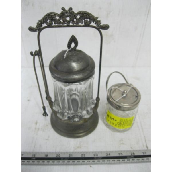SILVER PLATED TOP JAR W/TONGS & HOLDER & A SM. CRYSTAL MUSTARD POT