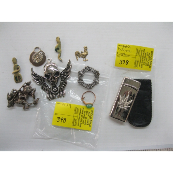 MISC. PINS, LIGHTER CASE, COSTUME JEWELLERY, ETC.