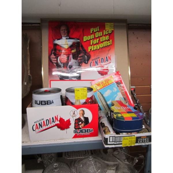 MISC. MOLSON MINI KEGS, BEATLES TINS, ETC.