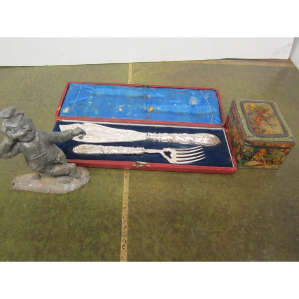 METAL FIGURINE, TIN & A FISH KNIFE FORK SET